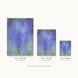 Impressions VI — Drift. Field of small flecks, violet through the centre and shifting to green and sand at the edges and lower area. Three sizes shown side by side to relative scale, unframed.
