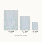 Glacier V — Veil. Almost white field of fine vertical flecks in mint, grey and faint lilac, a little denser in two columns either side of the centre. Three sizes shown side by side to relative scale, unframed.