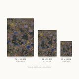 Patina VII — Olive. Mottled olive and blue-grey with gold flecks and pale rounded shapes. Three sizes shown side by side to relative scale, unframed.