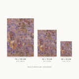 Patina I — Blush. Dense fine speckle in pink and lilac, with patches of ochre and cream showing through. Three sizes shown side by side to relative scale, unframed.
