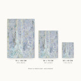Glacier IV — Glint. Pale field of small vertical flecks in lavender, grey and white, with yellow specks and darker streaks near the left edge. Three sizes shown side by side to relative scale, unframed.