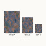 Patina XI — Overlap. Large overlapping blue-grey shapes with orange edges, filled with fine directional marks. Three sizes shown side by side to relative scale, unframed.
