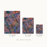 Patina X — Husk. Small broken marks of orange and blue with grey-green shapes between. Three sizes shown side by side to relative scale, unframed.