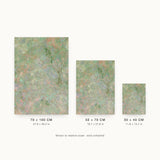 Botanics VI — Scrub. Abstract sage and olive field with coral speckle and darker green clumps near the top right. Three sizes shown side by side to relative scale, unframed.