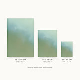 Ceramics XIV — Pool. Soft gradient from olive green at the base to pale blue-grey at the top, with fine pitting across the lower part. Three sizes shown side by side to relative scale, unframed.