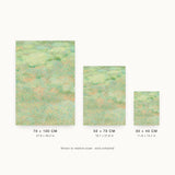Forestry IV — Lichen. Abstract field of small green and mint dots with peach warming through and darker green near the top. Three sizes shown side by side to relative scale, unframed.