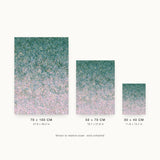 Impressions I — Scatter. Even field of fine dots shifting from dark green at the top to pale pink at the bottom. Three sizes shown side by side to relative scale, unframed.