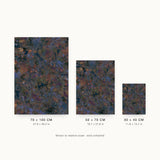 Patina XV — Rust. Thick overlapping patches of rust, slate blue, plum and dark olive with a few pale flecks, spread evenly across the sheet. Three sizes shown side by side to relative scale, unframed.