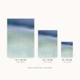 Ceramics V — Sediment. Navy at the top dissolving into pale grey-green speckle, thinning from a dense mesh into separate flecks towards the bottom. Three sizes shown side by side to relative scale, unframed.