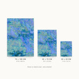 Glacier III — Relief. Patchy field of periwinkle and aqua with small pink and yellow dots, and a band of dark teal marks across the centre. Three sizes shown side by side to relative scale, unframed.