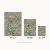 Forestry V — Bracken. Abstract sage-green field densely marked with coral, lilac and cream flecks. Three sizes shown side by side to relative scale, unframed.