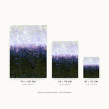 Partitions IV — Lavender. Speckle that runs from pale lilac and white at the top through violet and blue to dark olive at the bottom. Three sizes shown side by side to relative scale, unframed.