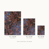 Patina XIII — Cinder. Torn rust-red and black shapes over blue-grey, scattered with gold specks. Three sizes shown side by side to relative scale, unframed.