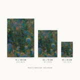 Forestry I — Thicket. Dense abstract mosaic of small green and olive flecks with lavender-blue patches at the lower corners. Three sizes shown side by side to relative scale, unframed.