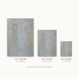 Botanics IV — Dust. Muted abstract of fine green, lilac and grey dots with small coral flecks throughout. Three sizes shown side by side to relative scale, unframed.