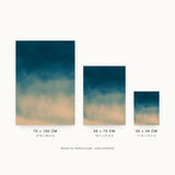 Ceramics VIII — Ebb. Deep teal at the top softening down to warm sand at the bottom, with fine speckle across the whole sheet. Three sizes shown side by side to relative scale, unframed.
