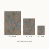 Impressions VIII — Ember. Grey-blue ground covered evenly in small orange flecks, with no lighter or darker areas. Three sizes shown side by side to relative scale, unframed.