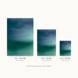 Ceramics VI — Band. Navy upper field and deep green lower field split by a pale band with a hard lower edge, lightening again towards the foot. Three sizes shown side by side to relative scale, unframed.