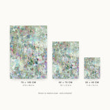 Botanics III — Speckle. Very pale abstract with fine red, blue and pink speckle over a near-white and pale green ground. Three sizes shown side by side to relative scale, unframed.