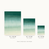 Ceramics IV — Verge. Deep green at the top grading through teal to pale cream, palest about three-fifths down with a slight return to green below. Three sizes shown side by side to relative scale, unframed.