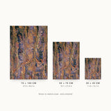 Patina IV — Furrow. Vertical channels of orange and tan over blue-grey, built from small tile-like marks. Three sizes shown side by side to relative scale, unframed.