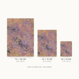 Patina II — Vein. Lilac and gold field scattered with small dots, crossed by dark broken veins. Three sizes shown side by side to relative scale, unframed.