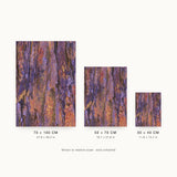 Patina III — Ridge. Vertical ridged columns in violet, orange and gold, running the full height. Three sizes shown side by side to relative scale, unframed.