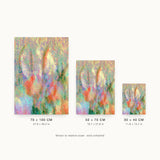 Botanics VIII — Arch. Pale speckled colour in cream, lilac and mint, with two faint arched forms above and orange marks below. Three sizes shown side by side to relative scale, unframed.