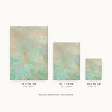 Botanics IX — Grain. A fine even texture of mint and apricot flecks, turning greener and denser at the bottom. Three sizes shown side by side to relative scale, unframed.