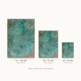 Impressions IV — Rust. Field of teal dots with rust flecks, densest at the left and right edges and sparsest through the centre. Three sizes shown side by side to relative scale, unframed.