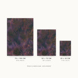 Forestry VI — Bramble. Dark abstract in plum and deep green with vertical striations and a fanned arc at the lower left. Three sizes shown side by side to relative scale, unframed.