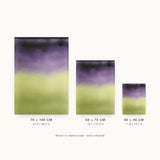 Ceramics XVIII — Divide. Dark purple in the upper half meeting yellow-green in the lower half, with a short transition between them. Three sizes shown side by side to relative scale, unframed.