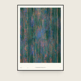 Impressions V — Tangle. Dense vertical streaks of orange and blue flecks over a deep green ground, paler and bluer through the centre. The annotated sheet, which carries the piece's name and the words about it printed along the foot. Shown framed. Frames and mounts are not included.