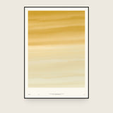 Ceramics XIII — Amber. Ochre across the top breaking into long horizontal drifts and thinning to near-white at the bottom. The annotated sheet, which carries the piece's name and the words about it printed along the foot. Shown framed. Frames and mounts are not included.