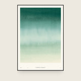 Ceramics IV — Verge. Deep green at the top grading through teal to pale cream, palest about three-fifths down with a slight return to green below. The annotated sheet, which carries the piece's name and the words about it printed along the foot. Shown framed. Frames and mounts are not included.