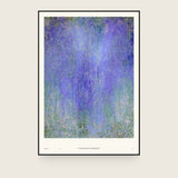 Impressions VI — Drift. Field of small flecks, violet through the centre and shifting to green and sand at the edges and lower area. The annotated sheet, which carries the piece's name and the words about it printed along the foot. Shown framed. Frames and mounts are not included.