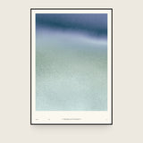Ceramics V — Sediment. Navy at the top dissolving into pale grey-green speckle, thinning from a dense mesh into separate flecks towards the bottom. The annotated sheet, which carries the piece's name and the words about it printed along the foot. Shown framed. Frames and mounts are not included.