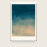 Ceramics VIII — Ebb. Deep teal at the top softening down to warm sand at the bottom, with fine speckle across the whole sheet. The annotated sheet, which carries the piece's name and the words about it printed along the foot. Shown framed. Frames and mounts are not included.