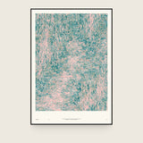 Impressions II — Shoal. Field of pink and teal vertical streaks with a paler pink diagonal drift through the centre. The annotated sheet, which carries the piece's name and the words about it printed along the foot. Shown framed. Frames and mounts are not included.