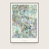 Botanics III — Speckle. Very pale abstract with fine red, blue and pink speckle over a near-white and pale green ground. The annotated sheet, which carries the piece's name and the words about it printed along the foot. Shown framed. Frames and mounts are not included.