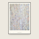 Forestry III — Column. Near-white abstract flecking arranged in vertical columns, with scattered orange and blue marks. The annotated sheet, which carries the piece's name and the words about it printed along the foot. Shown framed. Frames and mounts are not included.