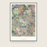Botanics II — Mottle. Abstract mottling in coral, sage and cream, with lilac and teal at the edges. The annotated sheet, which carries the piece's name and the words about it printed along the foot. Shown framed. Frames and mounts are not included.
