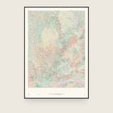 Forestry II — Haze. Pale abstract flecking in mint, apricot and cream, with a brighter yellow patch above centre. The annotated sheet, which carries the piece's name and the words about it printed along the foot. Shown framed. Frames and mounts are not included.