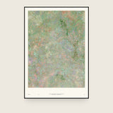 Botanics VI — Scrub. Abstract sage and olive field with coral speckle and darker green clumps near the top right. The annotated sheet, which carries the piece's name and the words about it printed along the foot. Shown framed. Frames and mounts are not included.