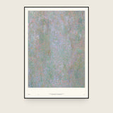 Botanics IV — Dust. Muted abstract of fine green, lilac and grey dots with small coral flecks throughout. The annotated sheet, which carries the piece's name and the words about it printed along the foot. Shown framed. Frames and mounts are not included.