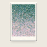 Impressions I — Scatter. Even field of fine dots shifting from dark green at the top to pale pink at the bottom. The annotated sheet, which carries the piece's name and the words about it printed along the foot. Shown framed. Frames and mounts are not included.