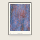Impressions IX — Thread. Field of fine vertical blue marks with red threading through, denser towards the centre right. The annotated sheet, which carries the piece's name and the words about it printed along the foot. Shown framed. Frames and mounts are not included.
