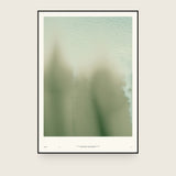 Ceramics XII — Blur. Pale mint sheet, grainy at the top, with soft blurred olive shapes rising from the lower edge. The annotated sheet, which carries the piece's name and the words about it printed along the foot. Shown framed. Frames and mounts are not included.