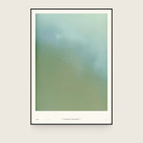 Ceramics XIV — Pool. Soft gradient from olive green at the base to pale blue-grey at the top, with fine pitting across the lower part. The annotated sheet, which carries the piece's name and the words about it printed along the foot. Shown framed. Frames and mounts are not included.