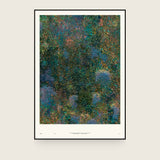 Forestry I — Thicket. Dense abstract mosaic of small green and olive flecks with lavender-blue patches at the lower corners. The annotated sheet, which carries the piece's name and the words about it printed along the foot. Shown framed. Frames and mounts are not included.